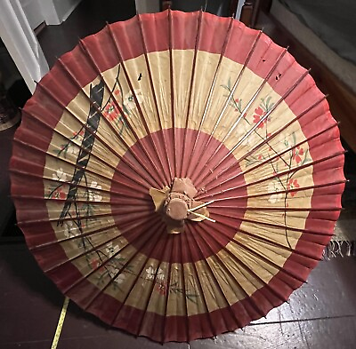 #ad Vintage Japanese flower pattern paper umbrella 34quot; dia. when open 26quot; length $10.00