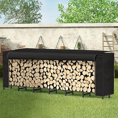 #ad 8 ft Firewood Rack Outdoor w Cover Fire Wood Log Storage Rack Steel Wood Holder $51.99