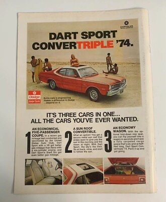 #ad 1974 Dodge Dart Sport Convertriple ‘74 Original Print Ad Coupe Sun Roof Wagon $9.74