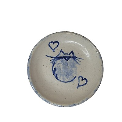 #ad Handcrafted Blue White Tidbit Dish Salt Glaze Cool Fat Cat Signed By Gayle 4.5quot; $10.05