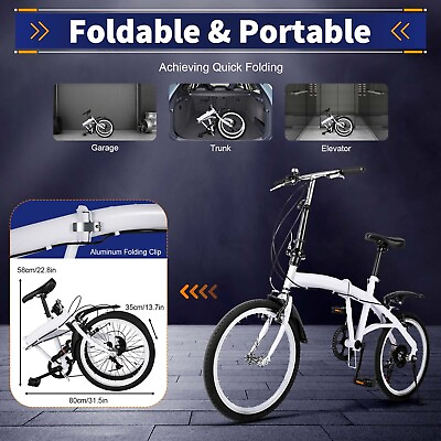 #ad White Folding Bike Foldable City Bike for Adult 20quot; Commute Bicycle 7Speed Gears $173.90