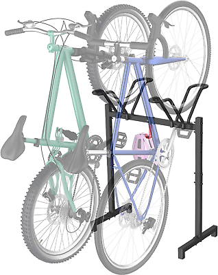 #ad 2 Bikes Floor Stand Bicycle Parking Rack with Hook for Garage Indoor Outdoor $68.51