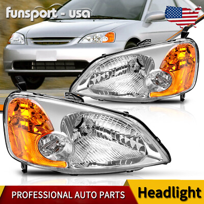 Headlights for 2001 2003 Honda Civic 4 Door Sedan Headlamp Amber Side Lamps $74.59