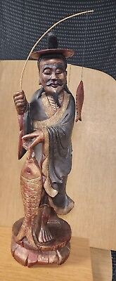 #ad #ad Vintage Japanese wood Fisherman Statue 30quot; $182.95