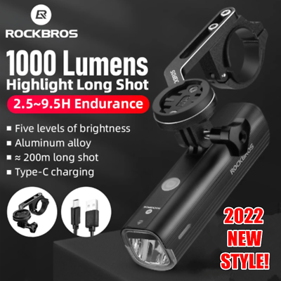 #ad ROCKBROS 1000 Lumen Bike Front Light Rainproof Alloy Cycling Bicycle Headlight $12.99