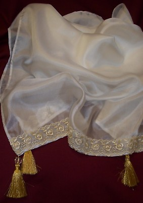 Silk Scarf 2894 Pure Silk Off White Ivory Embellished Scarf Dupatta Shieno Saris $20.00
