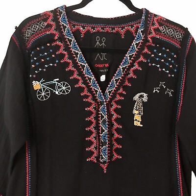 #ad Johnny Was Boho Embroidered Tunic Top Girl Bike Dogs Oversized Women’s Sz XS $80.00