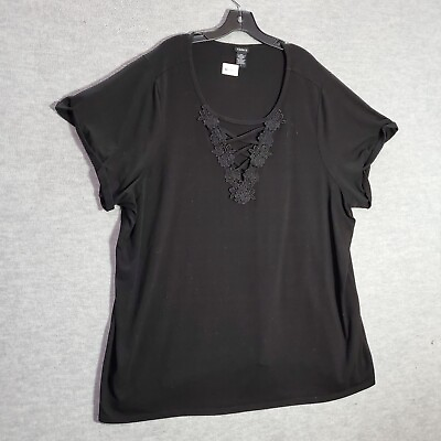 #ad Torrid Women Top 5 Black T Shirt Stretch Short Sleeve Floral Lace Neck $13.20