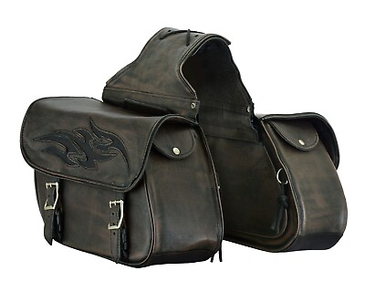 #ad Motorbike Distressed Brown Leather Saddlebag Flame Design Motorcycle Luggage $151.99