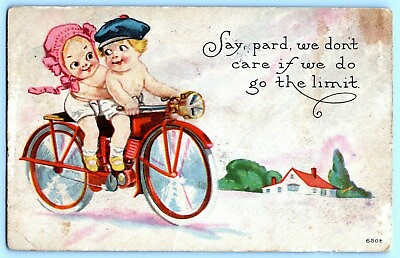 #ad Antique Comic Postcard Babies Riding Bike We Don#x27;t Care If We Do Go The Limit $6.95