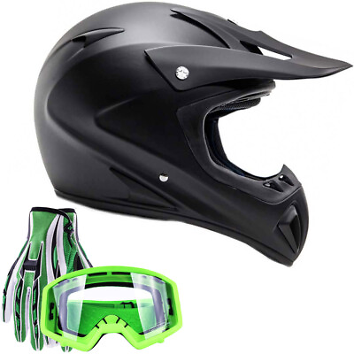 #ad #ad Matte Black Adult Motocross Helmet Green Gloves Goggles DOT Women Dirt Men ATV $59.00
