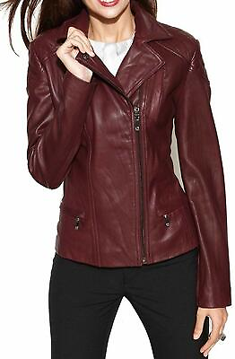#ad Cool Women#x27;s Genuine Lambskin Leather Jacket Soft Biker Coat Burgundy Motorcycle $117.71