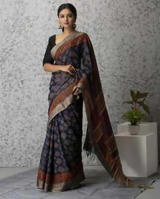 Indian Hand Ajrak Printed Pure Linen Saree For Women Sari Blouse Festival Wear $32.80