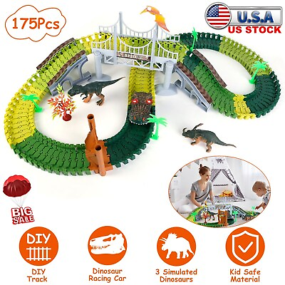 #ad 175Pcs Dinosaur Assemble Toys DIY Track Dinosaurs Racing Car Boys Girls Gifts $22.99