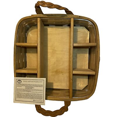 #ad Peterboro Square Woven Basket 7 Wood Divider Braided Leather Handles 14 x 14 x 4 $20.39