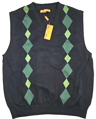 #ad Sette Ponti Men#x27;s Black amp; Green Argyle Cotton Sweater Vest Size XXL NWT $25.00