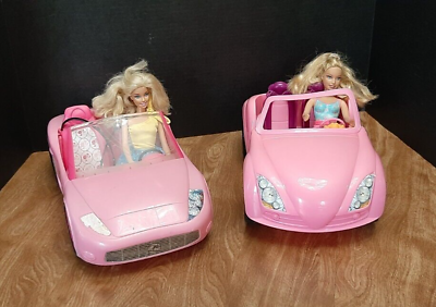 #ad #ad Barbie Lot Pink 2010 Convertible Car amp; 2007 Pink Beach Car With 2 Blonde Barbies $29.99