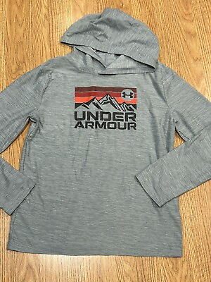 #ad Under Armour YXL Gray Long Sleeve Hooded Pullover Activewear Top Mountain $11.79