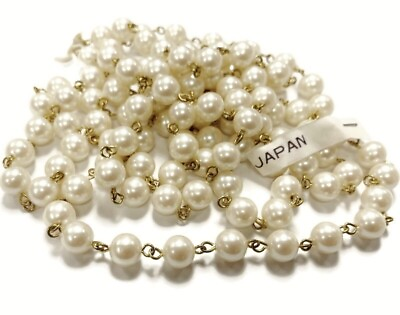 #ad 3 FEET VINTAGE JAPANESE PEARL SMOOTH 8mm. BEADED BRASS ROSARY LINK CHAIN 1058 $3.74