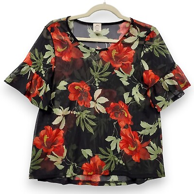 #ad MUST HAVE Brand Blouse Black Floral Top Roses Stretch Womens Small $10.19
