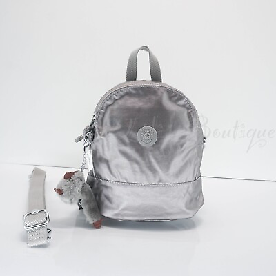 #ad NWT Kipling KI0746 Ives Mini Convertible Backpack Crossbody Silver Grey Metallic $68.95