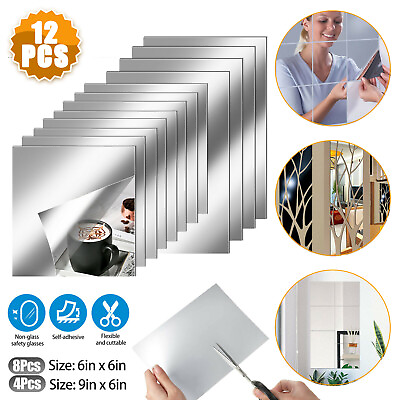 12PCS Self Adhesive Mirror Reflective Wall Sticker Film Paper Home Kitchen Decor $8.98
