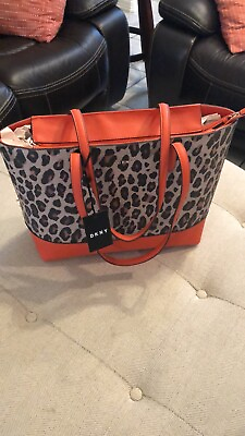 #ad NWT DKNY Bryant Park Large Tote Bag Purse Leopard Orange $85.00