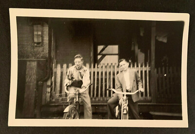 #ad Vintage Old Photo 2 Boys on 2 Bikes Bicycles #4596 $4.99