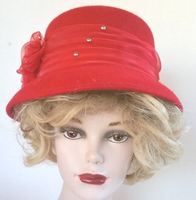 #ad Small Brim Red Wool Felt Hat Silver Studs Red Hats Christmas Church Valentines $19.00