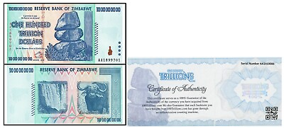 #ad Zimbabwe 100 Trillion Banknote 1 Note AA 2008 UNC. COA .. PARKER special $189.99