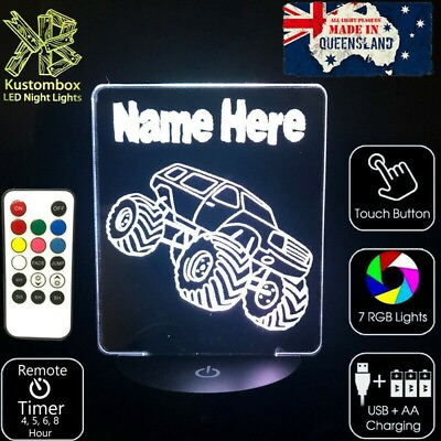 #ad Monster Truck Personalised Name Night Light LED 7 Colour Remote Timer Children AU $39.99