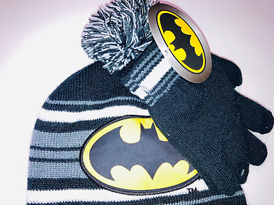 #ad #ad Batman Kids Winter Hat Gloves Cap Black Yellow Logo White Stripe Knit Tassel $8.88