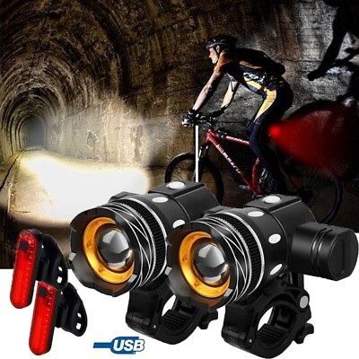 #ad 15000LM LED MTB Bicycle Lights Bike FrontRed Rear Headlight USB Rechargeable $18.85