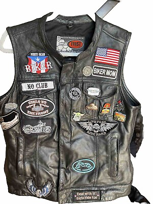 #ad Women’s First Classics Leather bike riding vest with patches and pins. Size M $100.00