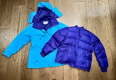 #ad VTG REI 3 in 1 Gortex Down Removable Hooded Parka Jacket Purple Blue Womens Sz 8 $109.99