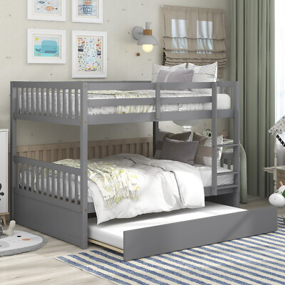 #ad Wood bed frame Full over full bunk Detachable Bed Platform with trundle Gray $428.99