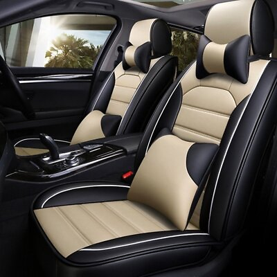 5 Seats Car Seat Cover PU Leather Front Rear SUV Cushion Set Universal Beige $87.60