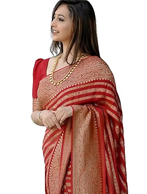 Women#x27;s Kanjivaram Soft Banarasi Lichi Silk Saree With Blouse Piece AC0330 $20.45