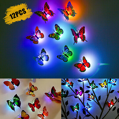 12Pcs 3D Butterfly LED Wall Stickers Glowing Bedroom DIY Home Decor Night light $9.48