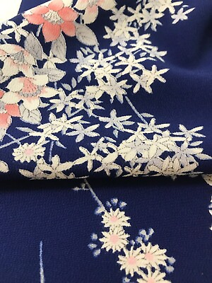 #ad @@ Vintage Japanese kimono silk fabric smooth crepe navy blue floral AP55 $5.80