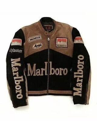 #ad Men#x27;s Marlboro Leather Jacket Vintage Racing Biker Motorcycle Men Leather Jacket $85.96