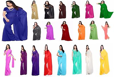 Chiffon Saree Party Wear Indian Ethnic Wedding Plain Women Sari Blouse FreeShip $20.75