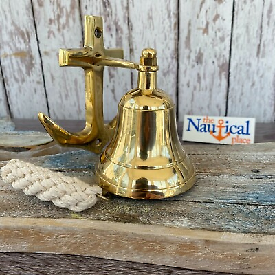 #ad Brass Anchor Ship Bell w Rope Lanyard Nautical Wall Decor Tiki Bar $29.94