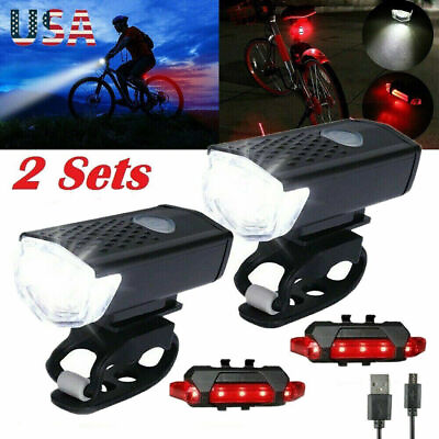 #ad 2×USB Rechargeable LED Bike Lights Set Headlight Taillight Caution Bicycle Light $7.49
