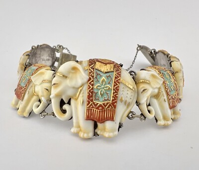 #ad #ad Vintage Japanese Silver Toshikane Painted Gilt Porcelain Elephants Link Bracelet $295.00