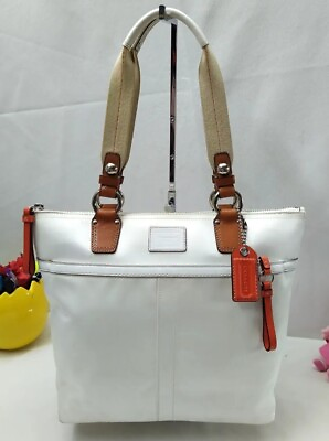 #ad Coach Park White Nylon Leather Trim Double Handle Zipper Closure Tote Bag $76.50