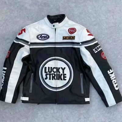 #ad Lucky Strike Motorcycle Men#x27;s Racing Genuine Cowhide Black Leather Biker Jacket $184.50