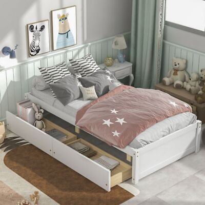 #ad Modern Twin Size Solid Wood Bed Frame with 2 Storage Drawers Bedroom Furniture $229.99