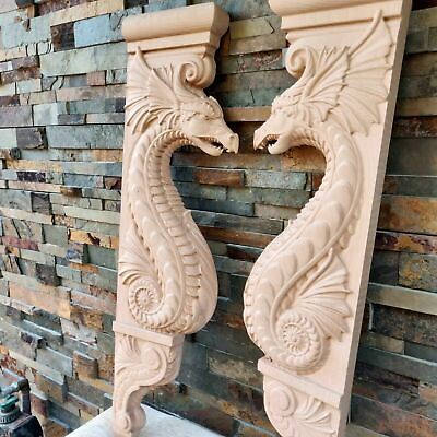 #ad Wooden Gothic Dragon Corbels Hand Carved Corbel for Fireplace Mantel Surround $290.00