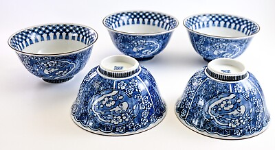 #ad Vintage Japanese Ceramics Soup Rice Bowl Set Blue amp; White Bird Flower Seto Ware $158.80